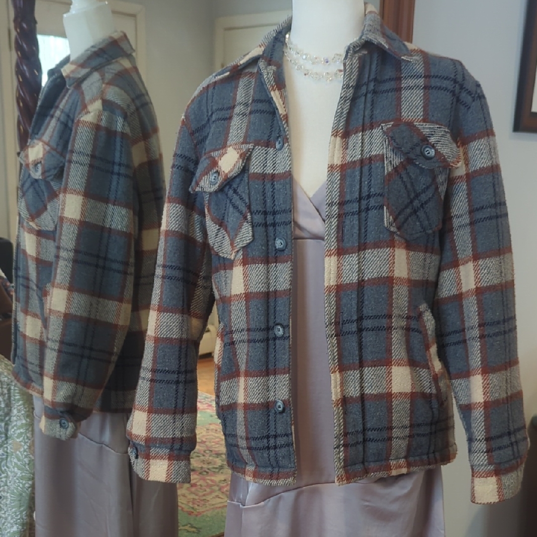 70s Vintage Cozy Plaid Teddy Jacket In Blue And Tan